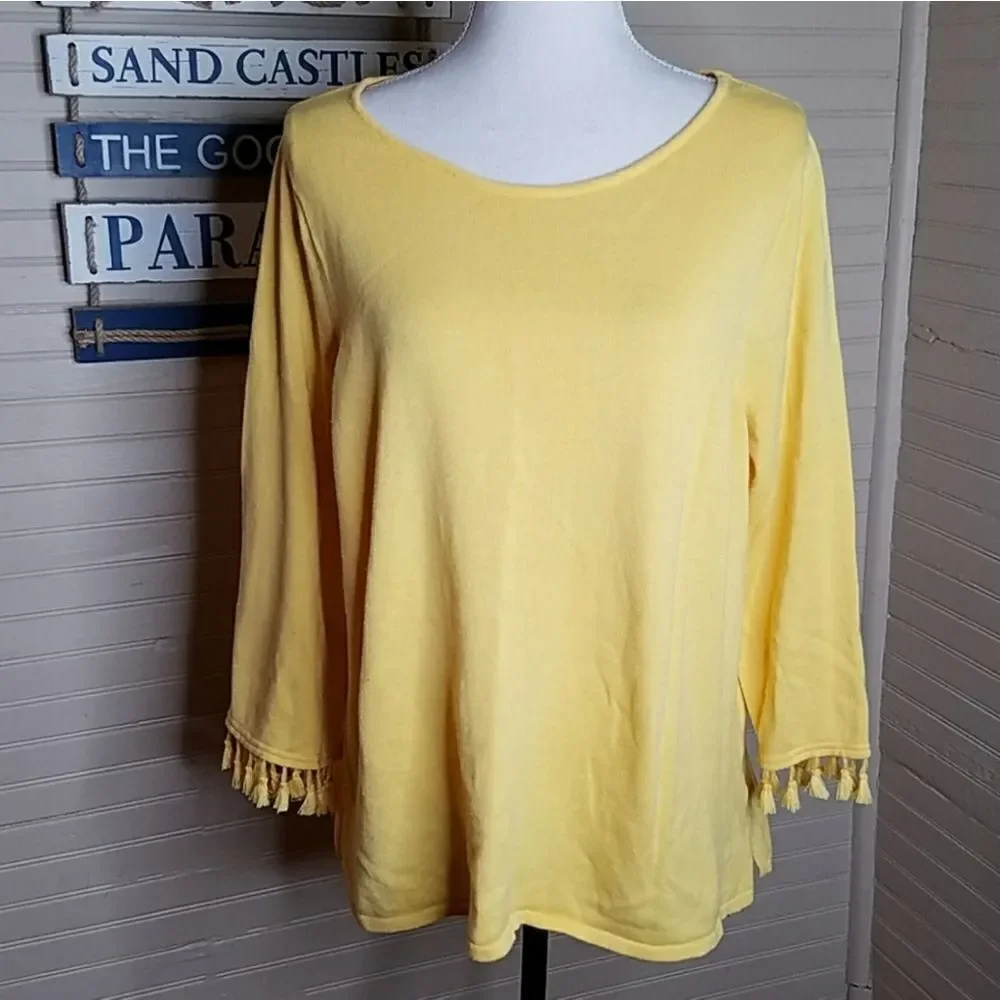 Sunshine Yellow Hannah Boho Tassels Sleeves Lightweight Knit Sweater Sz XL
